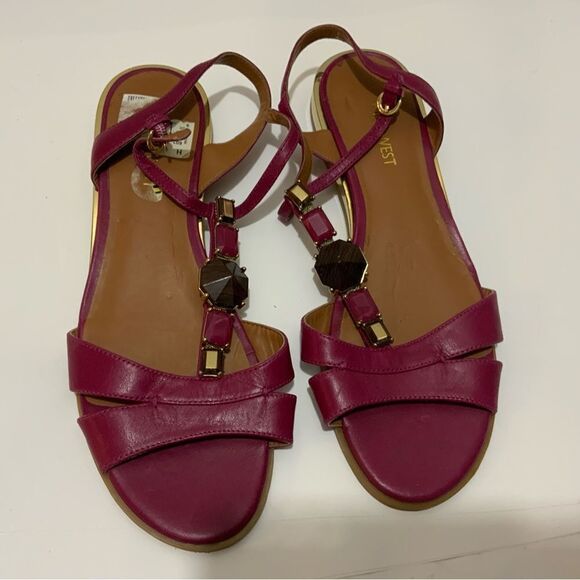 Nine West Shoes Purple Leather Sandal Flats Size 8 M with Gemstones - Picture 1 of 10